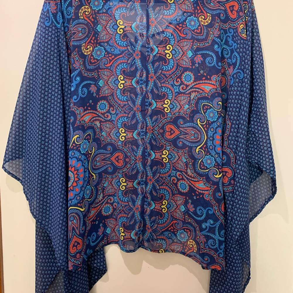 West Kei Boho Tie Front Blouse Navy Red Yellow Graphic Floral Flowy Size Large - Picture 4 of 6